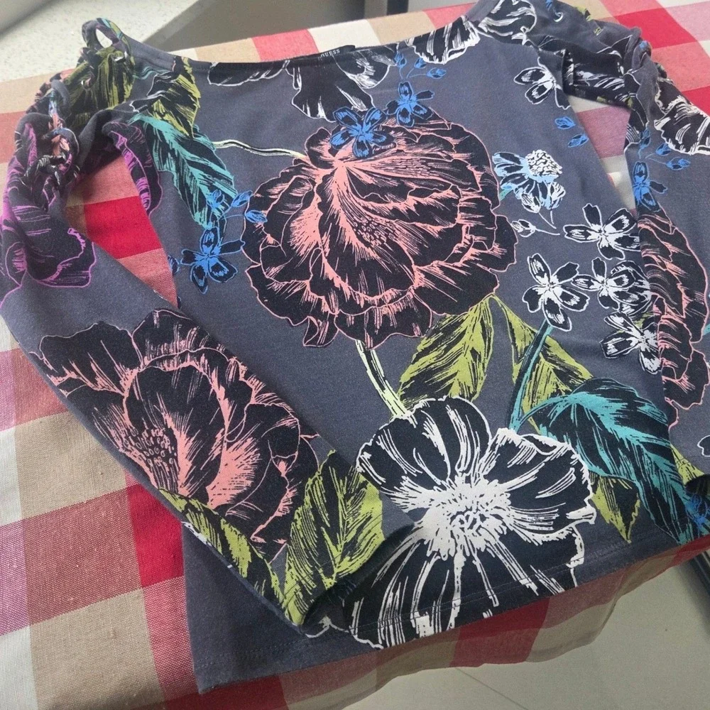 GUESS Y2K Dark Floral Lace Up Whimsigoth Long Sleeve Top Mystical Fairycore‎ - Picture 6 of 11